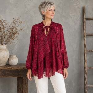 Chico's Red Pink Paisley Floral Semi Sheer Pop Over top 3